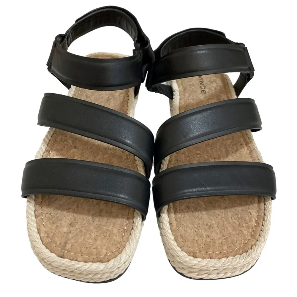 VINCE Elian Black Leather Strappy Platform Espadrille Rope Sandals